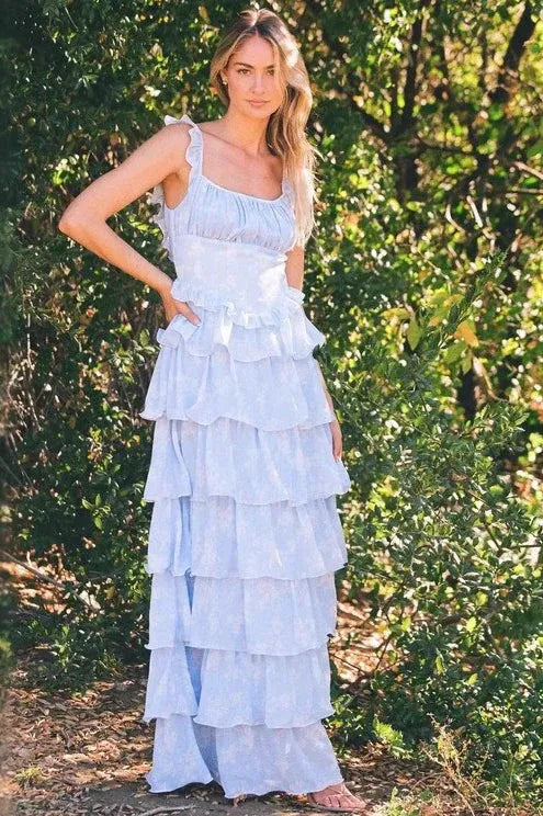 Romantic A-Line Square Neck Tiered Ruffle Floral Light Blue Floor-Length Prom Dress