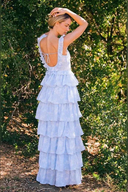 Romantic A-Line Square Neck Tiered Ruffle Floral Light Blue Floor-Length Prom Dress