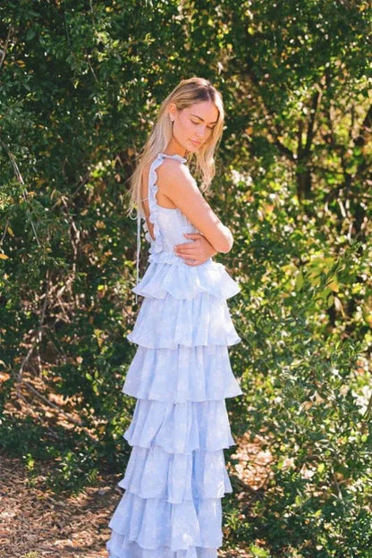 Romantic A-Line Square Neck Tiered Ruffle Floral Light Blue Floor-Length Prom Dress
