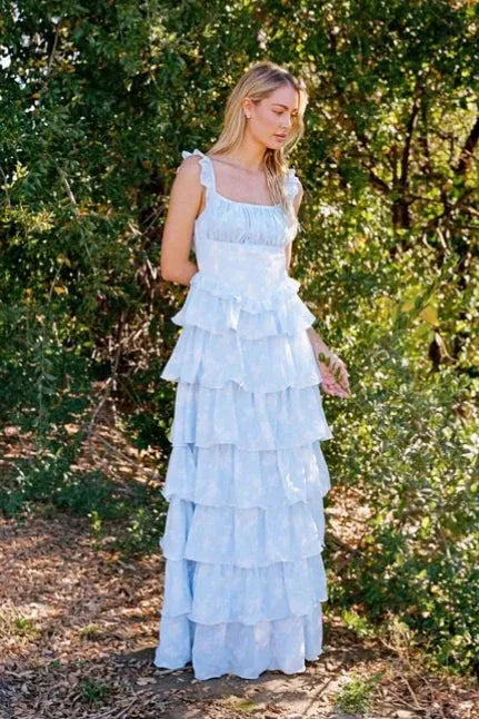Romantic A-Line Square Neck Tiered Ruffle Floral Light Blue Floor-Length Prom Dress