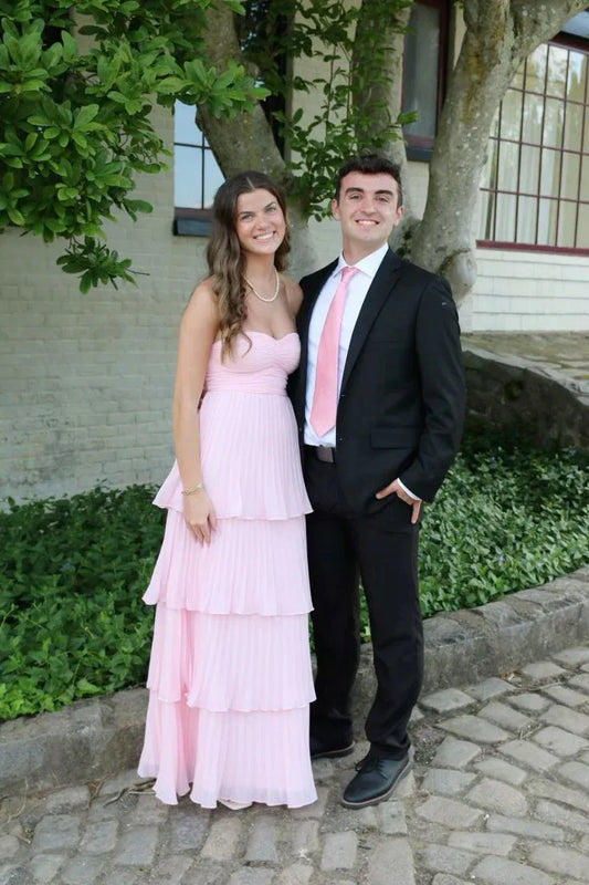 Romantic A-Line Strapless Tiered Pleated Chiffon Pink Maxi Evening Dress for Women