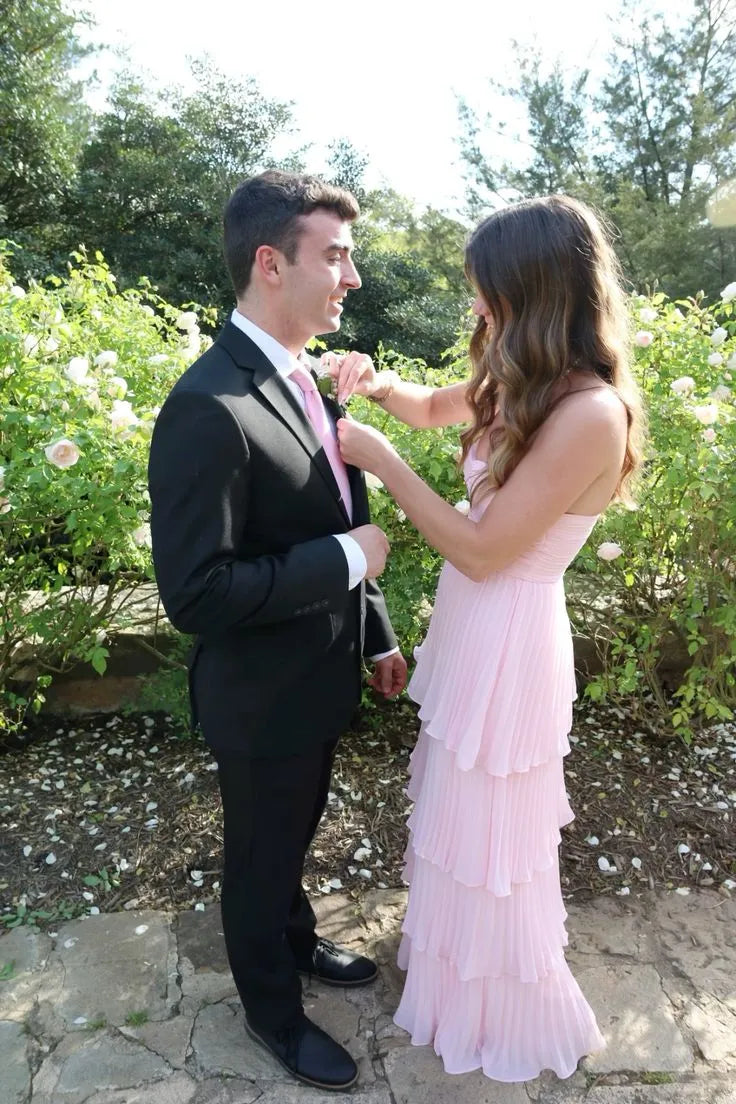 Romantic A-Line Strapless Tiered Pleated Chiffon Pink Maxi Evening Dress for Women