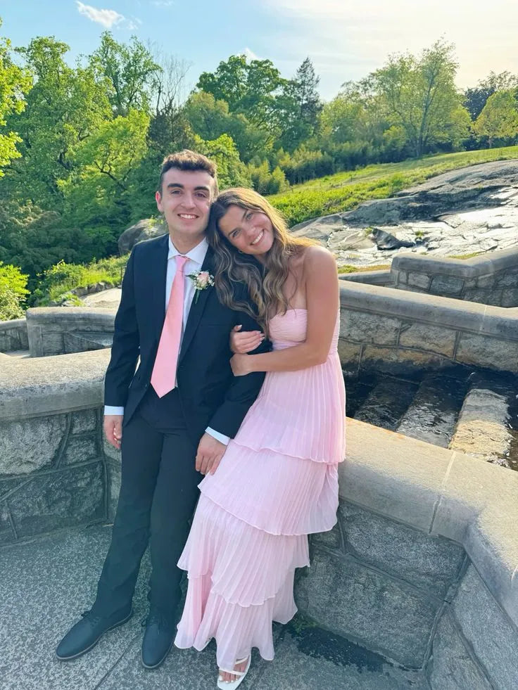 Romantic A-Line Strapless Tiered Pleated Chiffon Pink Maxi Evening Dress for Women