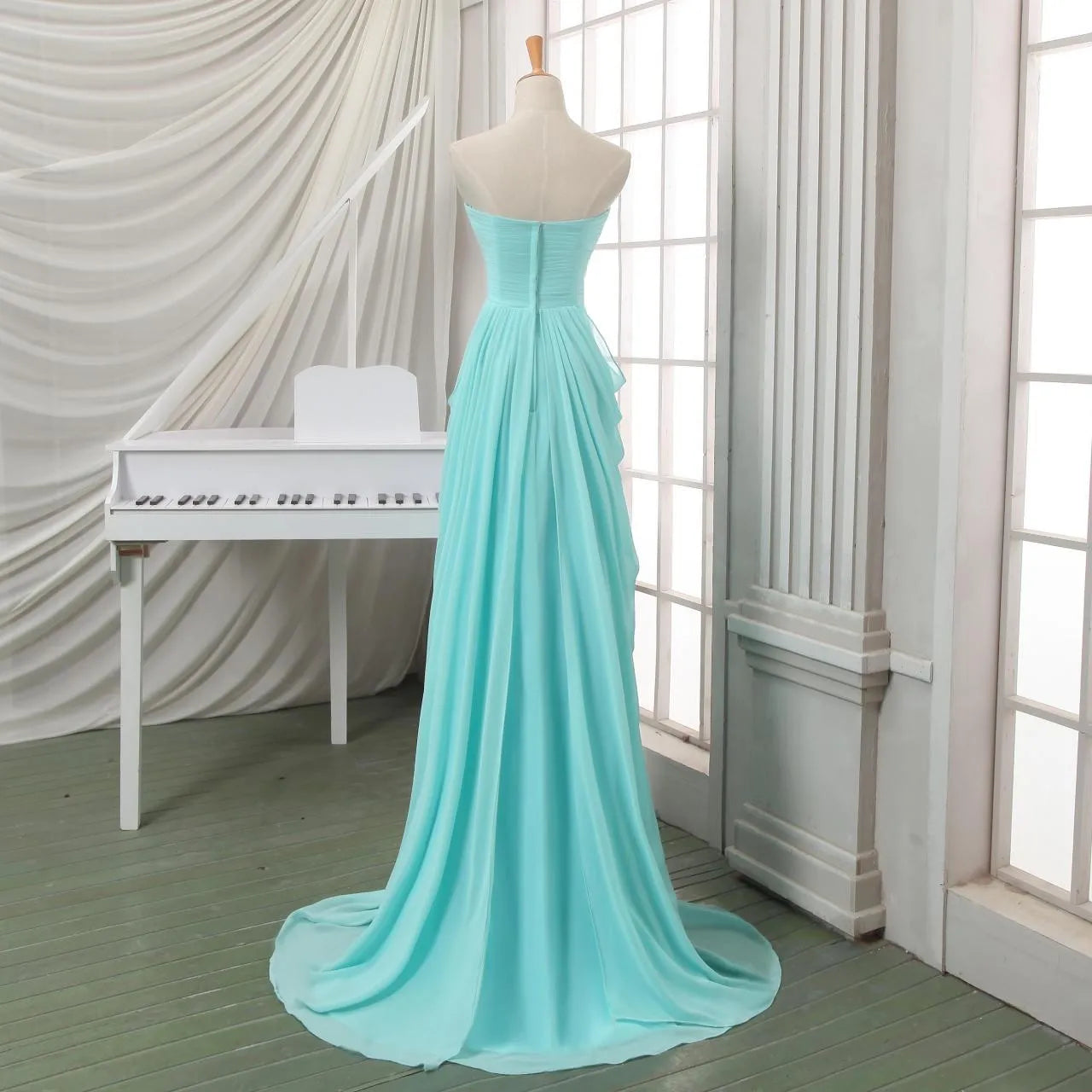 Romantic A-Line Sweetheart Beaded Pleated Chiffon Light Blue Floor-Length Prom Dress