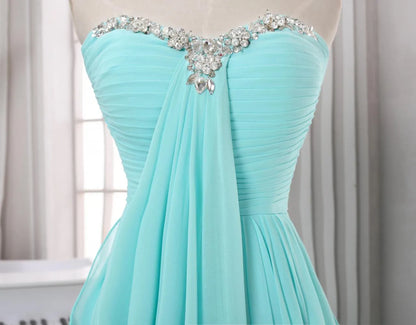 Romantic A-Line Sweetheart Beaded Pleated Chiffon Light Blue Floor-Length Prom Dress