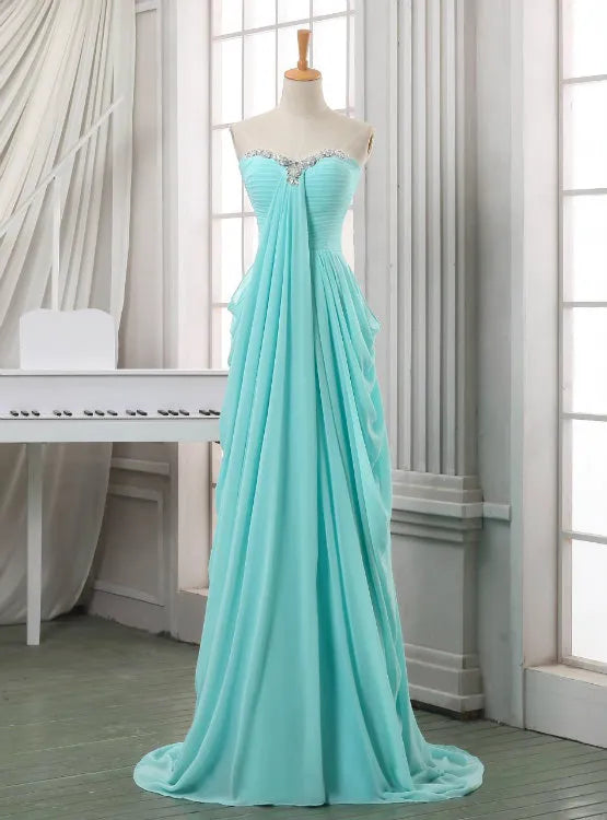 Romantic A-Line Sweetheart Beaded Pleated Chiffon Light Blue Floor-Length Prom Dress