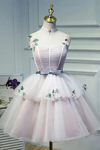 Dreamy A-Line Sweetheart Corset Floral Ruffle Pink Short Homecoming Dress