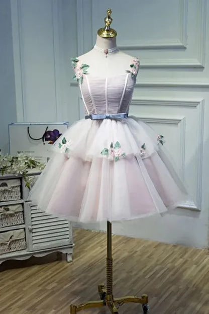 Dreamy A-Line Sweetheart Corset Floral Ruffle Pink Short Homecoming Dress