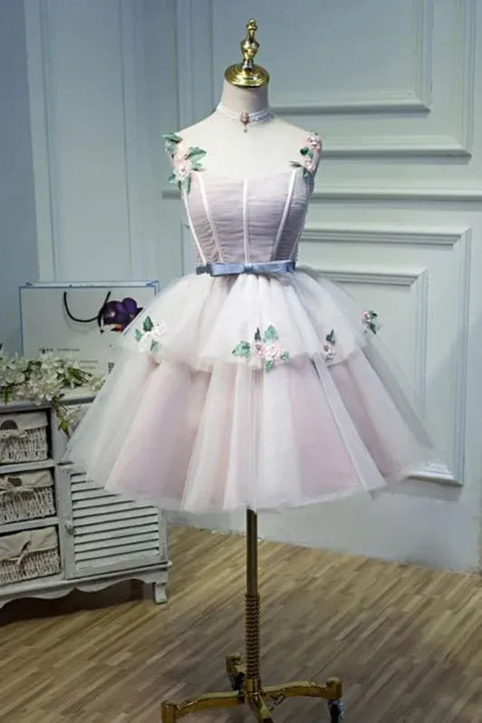 Romantic A-Line Sweetheart Corset Flowers Ruffle Tuule Pink Short Homecoming Dress