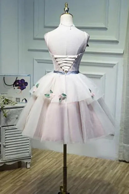 Dreamy A-Line Sweetheart Corset Floral Ruffle Pink Short Homecoming Dress