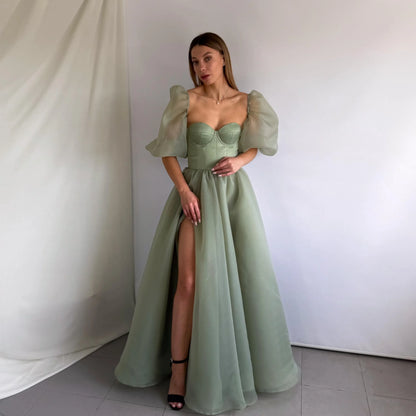 Romantic A-Line Sweetheart Detachable Puff Sleeve Slit Organza Sage Floor-Length Prom Gown for Women