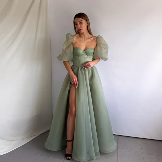 Romantic A-Line Sweetheart Detachable Puff Sleeve Slit Organza Sage Floor-Length Prom Dress