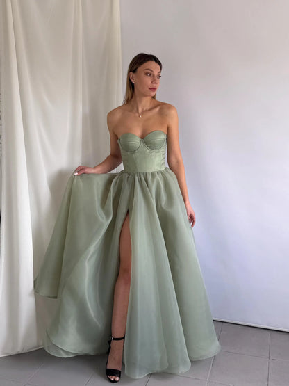 Romantic A-Line Sweetheart Detachable Puff Sleeve Slit Organza Sage Floor-Length Prom Gown for Women