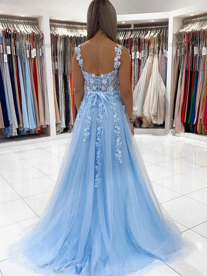 Romantic A-Line Sweetheart Lace Sky Blue Floor-Length Evening Dress
