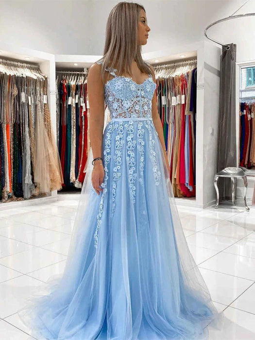 Romantic A-Line Sweetheart Lace Sky Blue Floor-Length Evening Dress