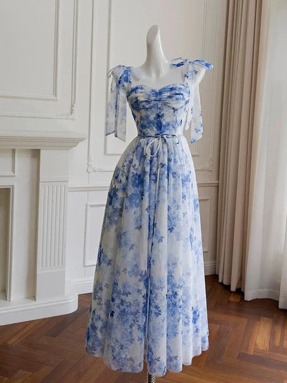 Romantic A-Line Sweetheart Neck Sleeveless Floral Blue Midi Prom Dress for Women Ready to Ship