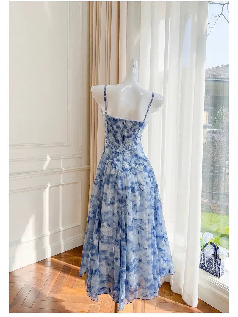 Romantic A-Line Sweetheart Neck Sleeveless Floral Blue Midi Prom Dress for Women Ready to Ship