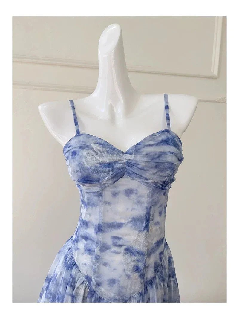 Romantic A-Line Sweetheart Neck Sleeveless Floral Blue Midi Prom Dress for Women Ready to Ship