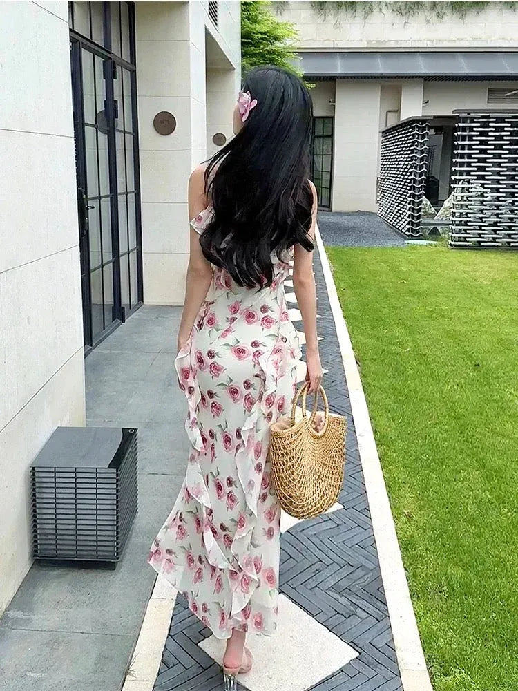 Romantic A-Line Sweetheart Neck Sleeveless Floral White Maxi Prom Dress for Women Hot Sale