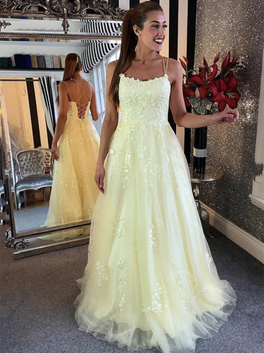 Romantic A-Line Sweetheart Spaghetti Strap Lace Yellow Prom Dress