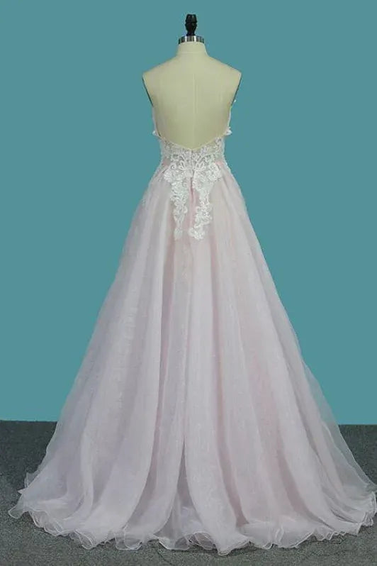 Romantic A-Line V-Neck Lace-Appliqued Open Back Blush Floor-Length Prom Dress