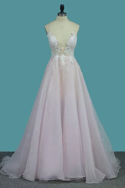 Romantic A-Line V-Neck Lace-Appliqued Open Back Blush Floor-Length Prom Dress