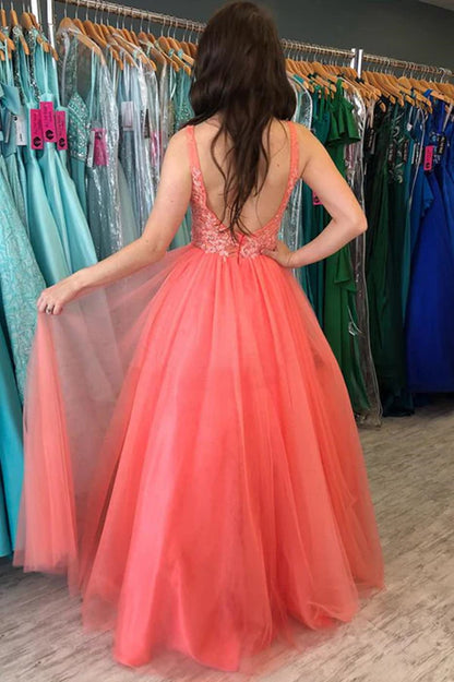 Romantic A-Line V-Neck Lace Coral Pink Floor-Length Prom Dress