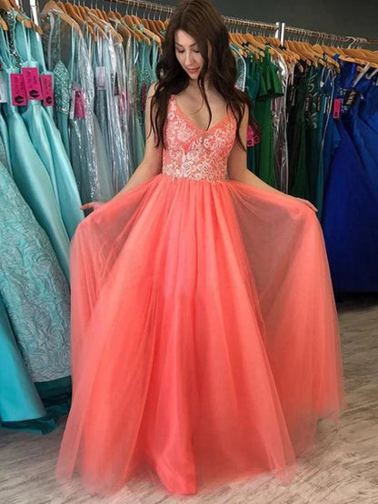 Romantic A-Line V-Neck Lace Coral Pink Floor-Length Prom Dress