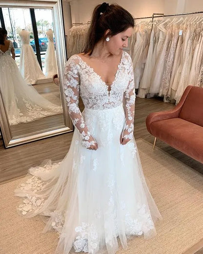 Romantic A-Line V-Neck Long Sleeve Floral Lace Tulle White Train Wedding Dress