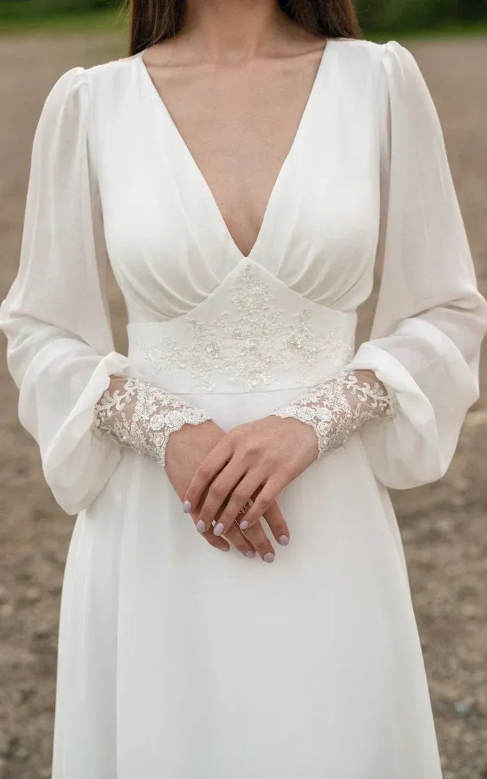 Romantic A-Line V-Neck Long Sleeve Lace White Train Wedding Dress