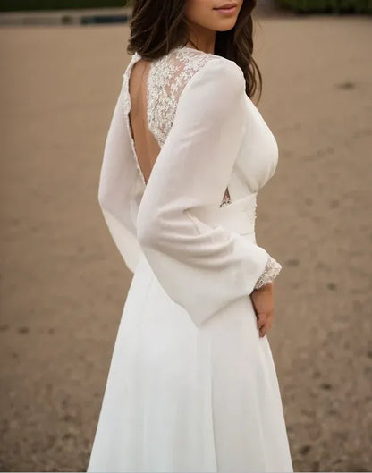 Romantic A-Line V-Neck Long Sleeve Lace White Train Wedding Dress