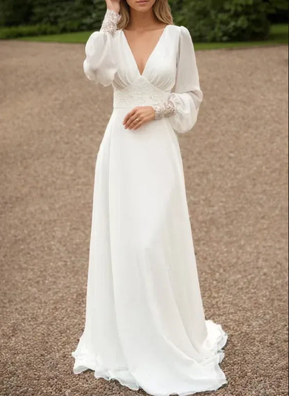 Romantic A-Line V-Neck Long Sleeve Lace White Train Wedding Dress