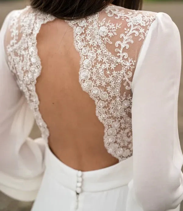 Romantic A-Line V-Neck Long Sleeve Lace White Train Wedding Dress