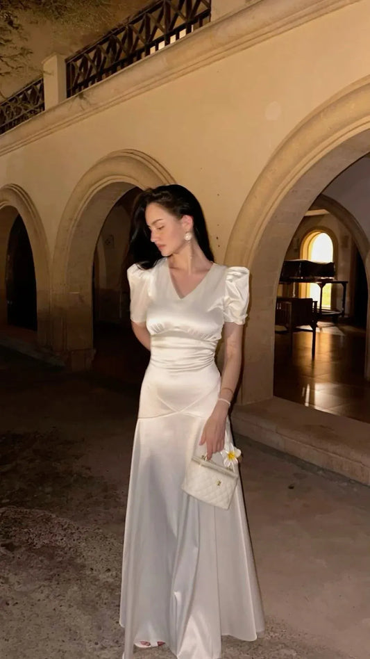 Romantic A-Line V-Neck Short Puff-Sleeve Satin White Maxi Evening Dress for Women
