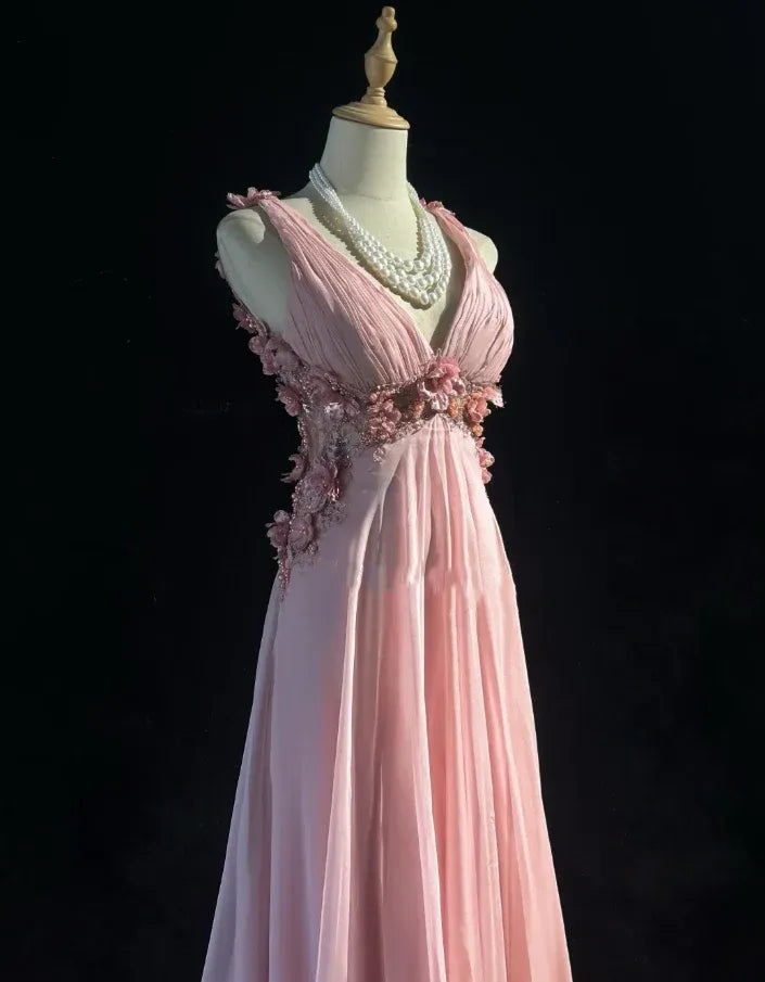 Romantic A-Line V-Neck Sleeveless Beaded Blush Pink Maxi Prom Dress for Women Custom