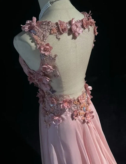 Romantic A-Line V-Neck Sleeveless Beaded Blush Pink Maxi Prom Dress for Women Custom