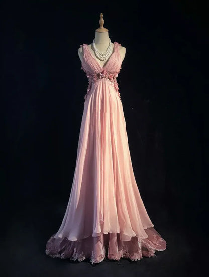 Romantic A-Line V-Neck Sleeveless Beaded Blush Pink Maxi Prom Dress for Women Custom