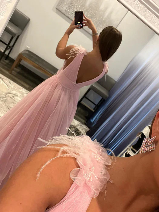 Romantic A-Line V-Neck Sleeveless Feather Pink Floor-Length Prom Dress