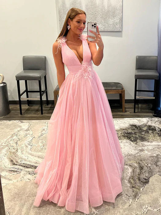Romantic A-Line V-Neck Sleeveless Feather Pink Floor-Length Prom Dress