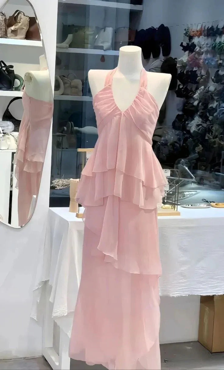 Romantic A-line Halter-neck Sleeveless Ruffled Blush Pink Floor-length Prom Dress for Women Ready to Ship