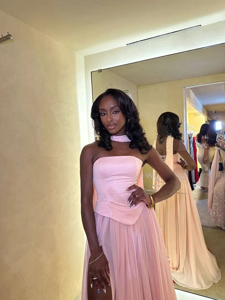 Romantic A-line Halter Neck Sleeveless Pleated Pink Maxi Prom Dress for Women Hot Sale