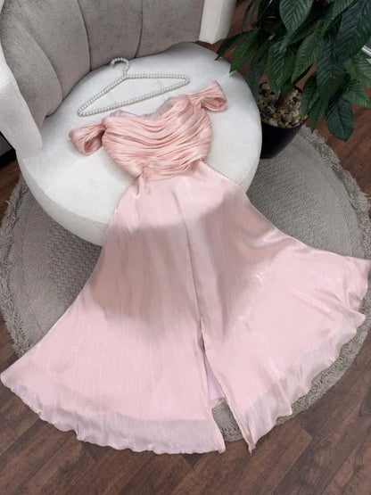 Romantic A-line Off-the-shoulder Ruched Blush Pink Satin Maxi Prom Dress for Women Ready to Ship