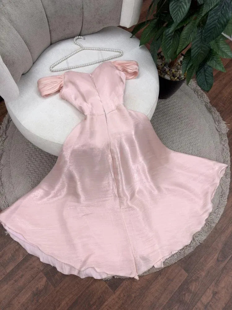 Romantic A-line Off-the-shoulder Ruched Blush Pink Satin Maxi Prom Dress for Women Ready to Ship
