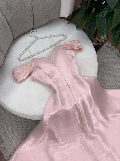 Romantic A-line Off-the-shoulder Ruched Blush Pink Satin Maxi Prom Dress for Women Ready to Ship