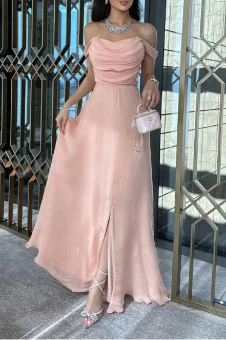 Romantic A-line Off-the-shoulder Ruched Blush Pink Satin Maxi Prom Dress for Women Ready to Ship