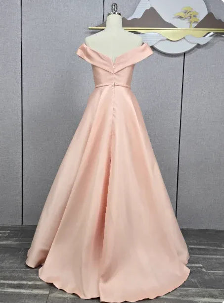 Romantic A-line Off-the-shoulder Sleeveless Elegant Blush Floor-length Prom Dress for Women Ready to Ship