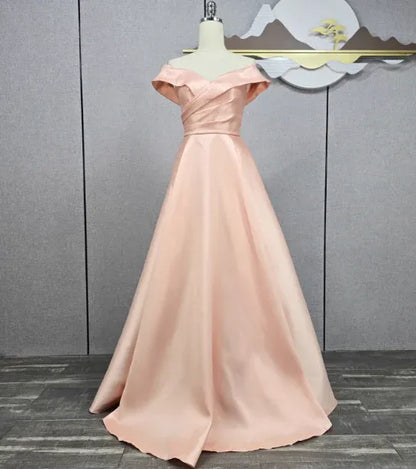 Romantic A-line Off-the-shoulder Sleeveless Elegant Blush Floor-length Prom Dress for Women Ready to Ship