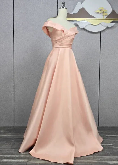 Romantic A-line Off-the-shoulder Sleeveless Elegant Blush Floor-length Prom Dress for Women Ready to Ship