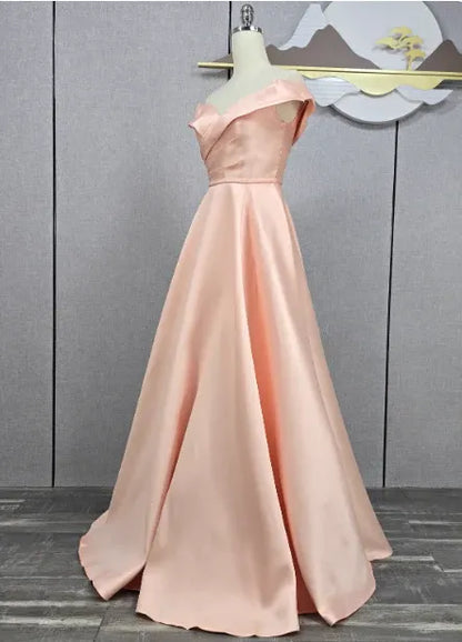 Romantic A-line Off-the-shoulder Sleeveless Elegant Blush Floor-length Prom Dress for Women Ready to Ship