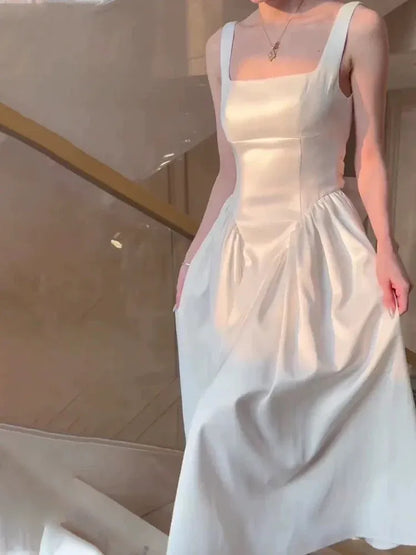 Romantic A-line Square Neck Sleeveless Bow-back White Midi Prom Dress for Women Ready to Ship